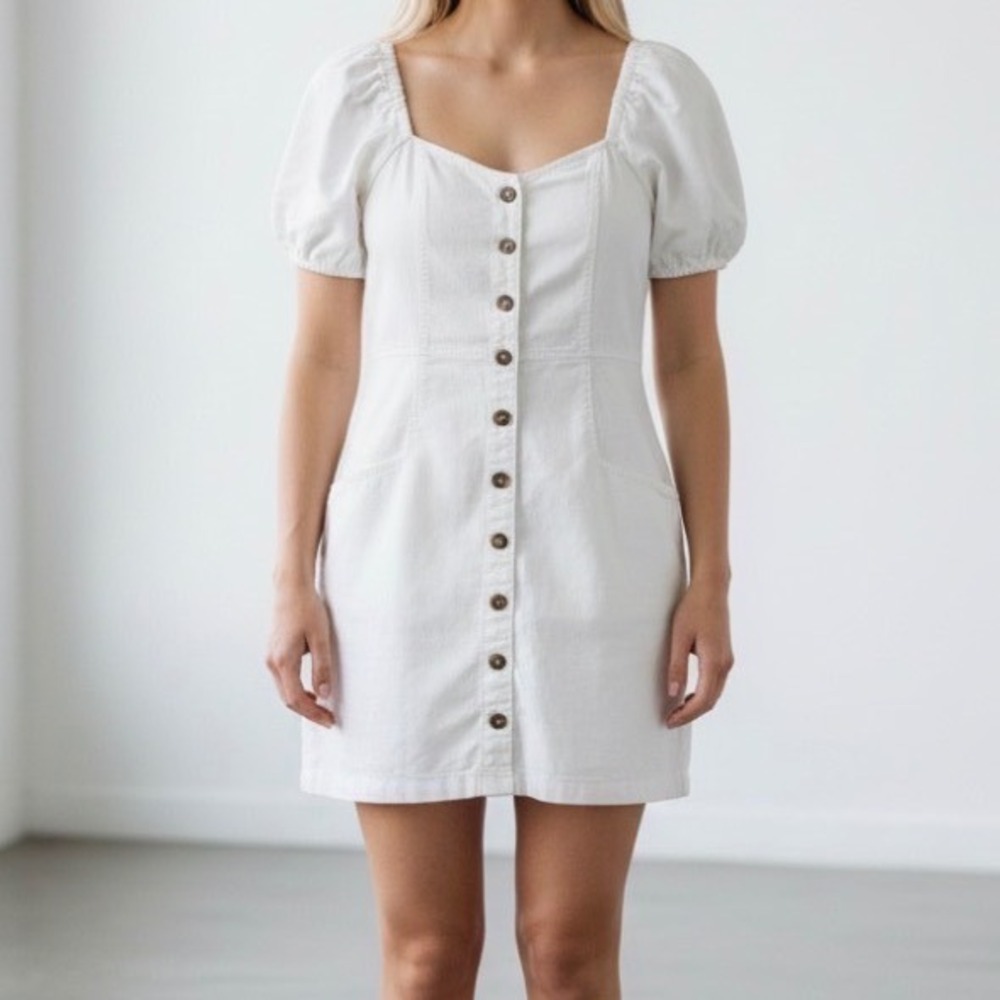 Madewell Linen-Cotton Puff-Sleeve Mini Dress Cream size 10‎